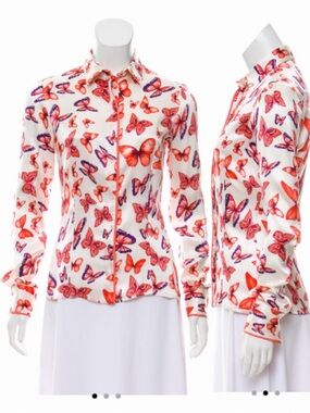 Versace Silk Butterfly-Print Button Down Shirt in Red & Purple - IT40 / Small